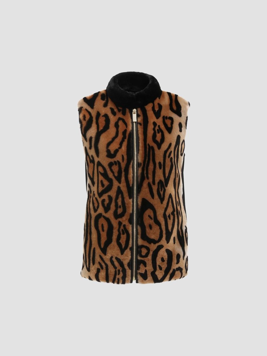 Gorski Women's Select Shearling Lamb Zip Vest with Wool Back Crafted From Loro Piana - Ocelo Print - Size Medium