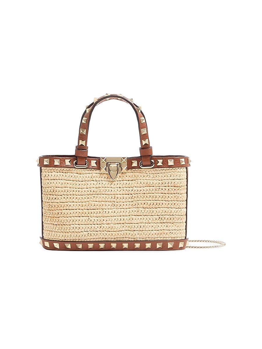 Women's Mini Rockstud Top Handle Bag in Raffia - Natural