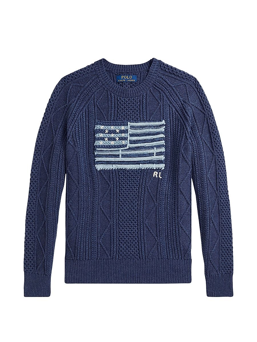 Boy's Cotton Faded Flag Sweater - Navy - Size 8