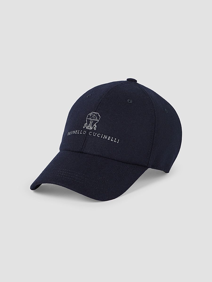 Men's Virgin Wool Flannel Baseball Cap with Embroidered Logo - Navy Blue - Size Medium