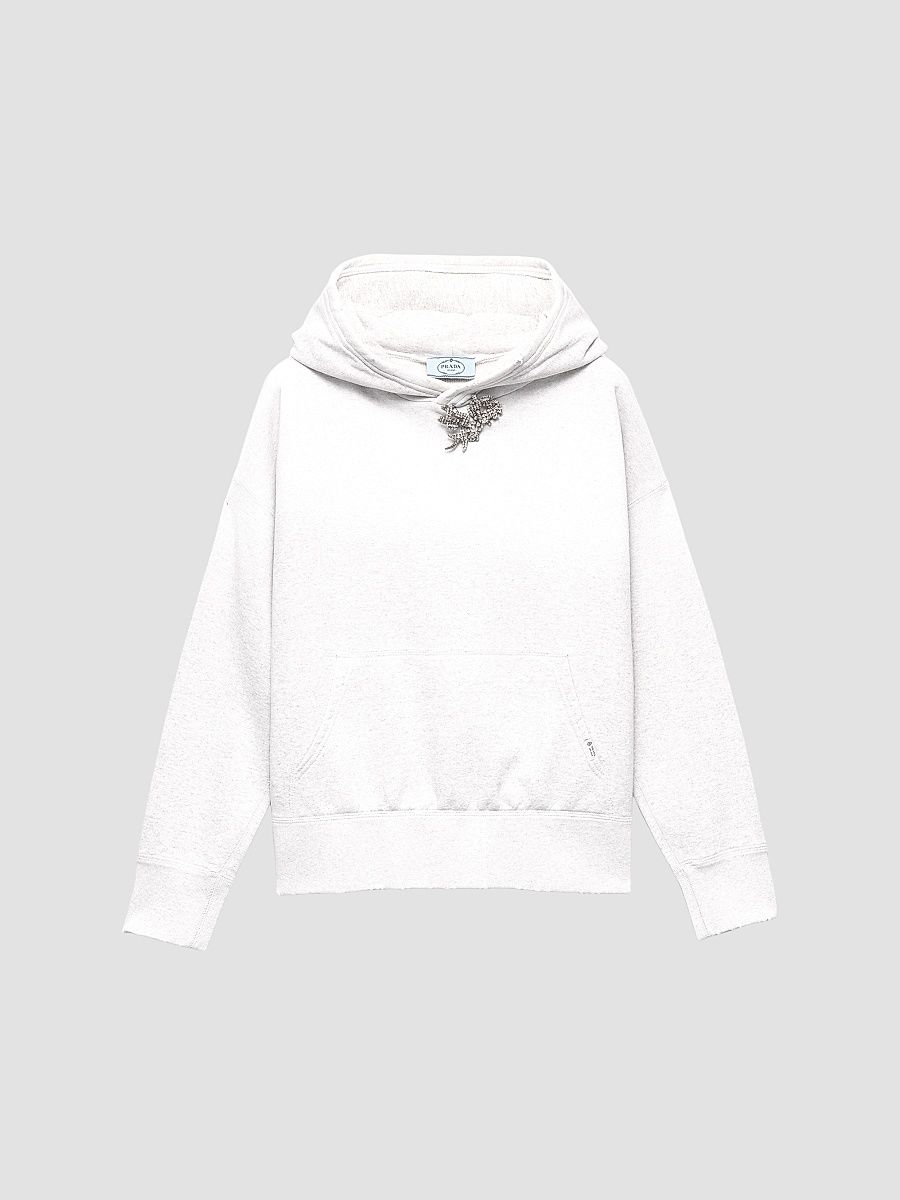 Women's Cotton Fleece Hoodie with Jewel Brooch - Grey - Size Large