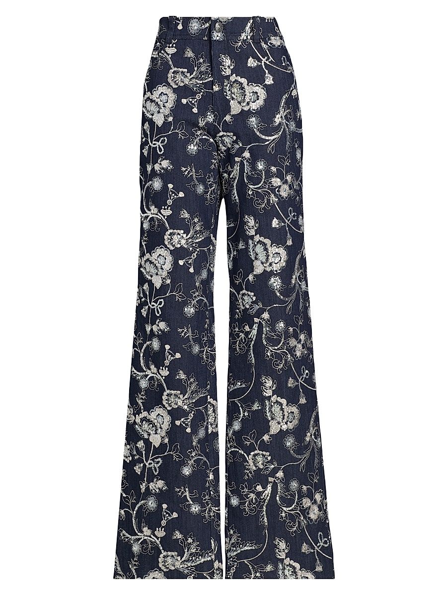 Women's Nolita Floral-Embroidered Mid-Rise Straight-Leg Pants - Indigo Multi - Size 16