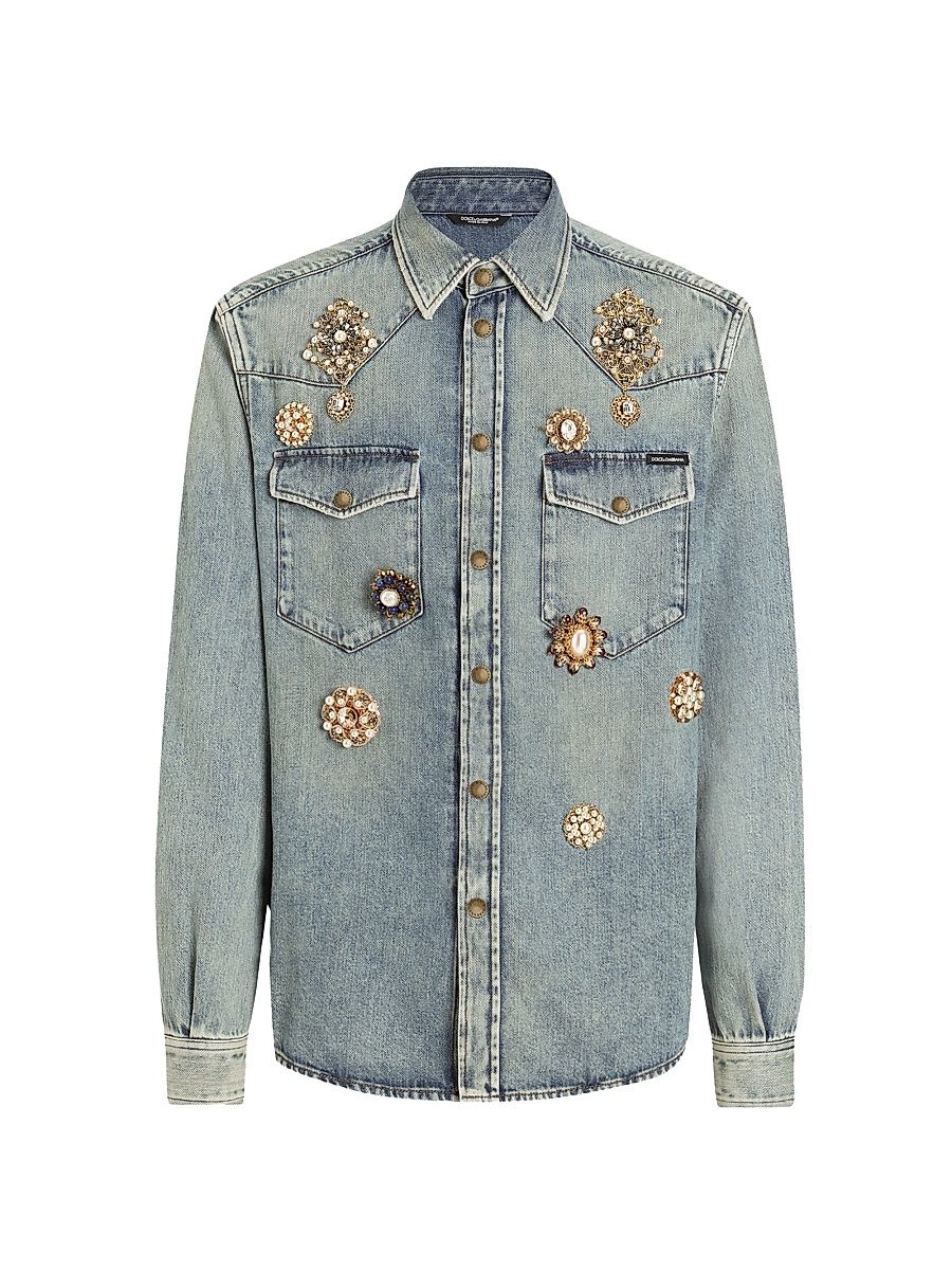 Men's Embellished Denim Shirt - Open Blue - Size 16