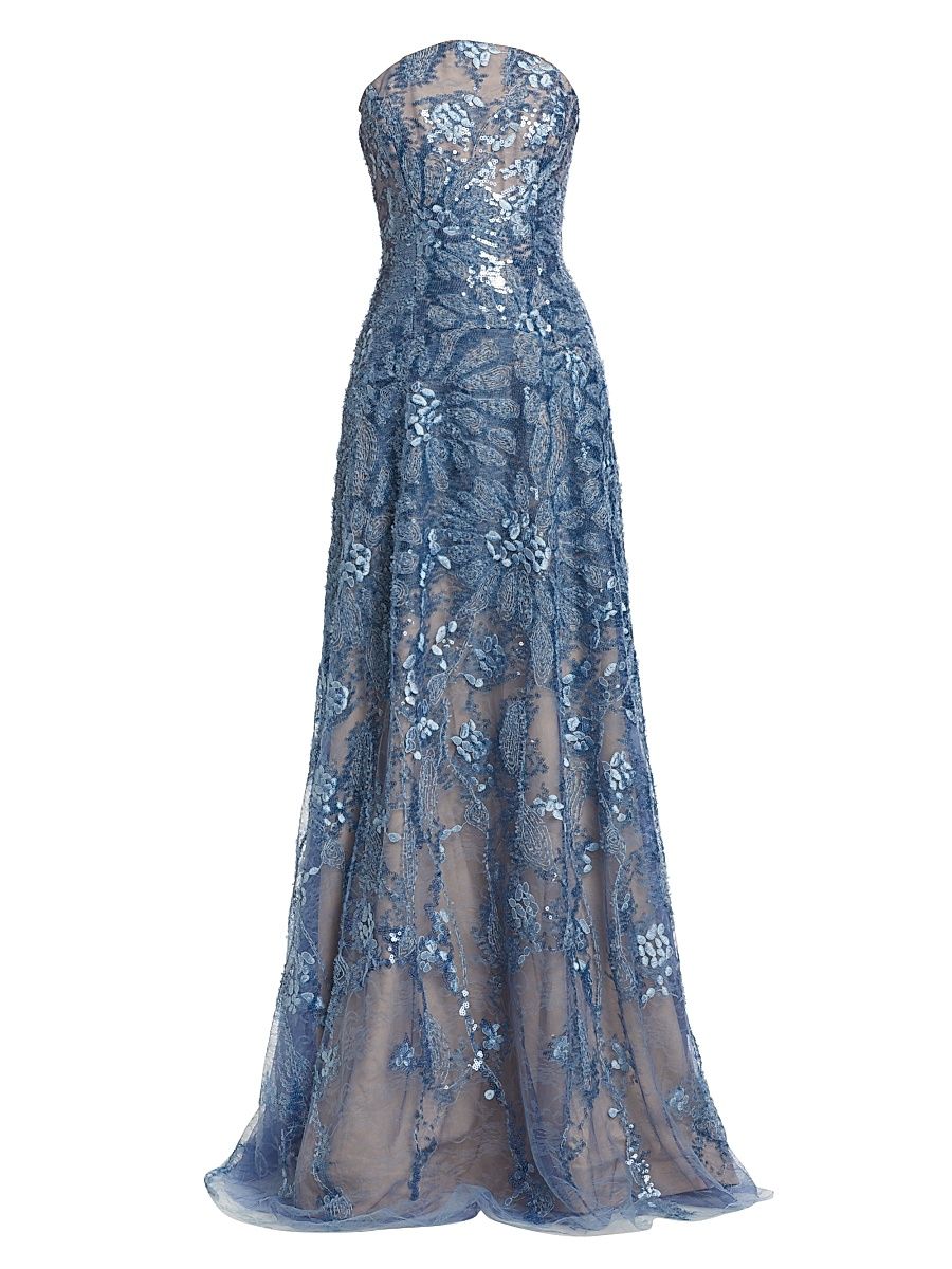 Women's Floral Beaded Strapless A-Line Gown - Blue - Size 16