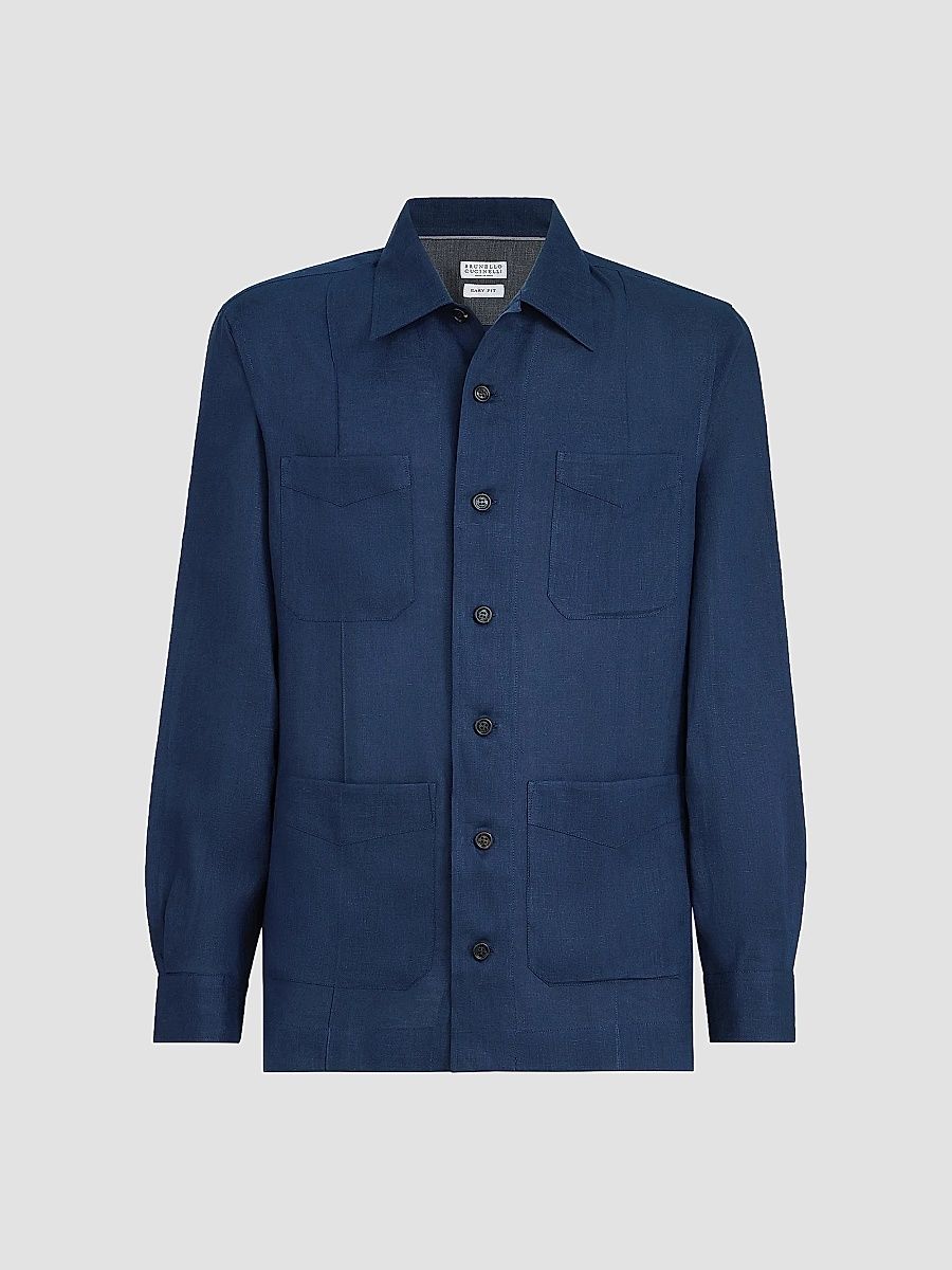 Brunello Cucinelli Men's Linen Easy Fit Guayabera Shirt - Navy Blue - Size XXS
