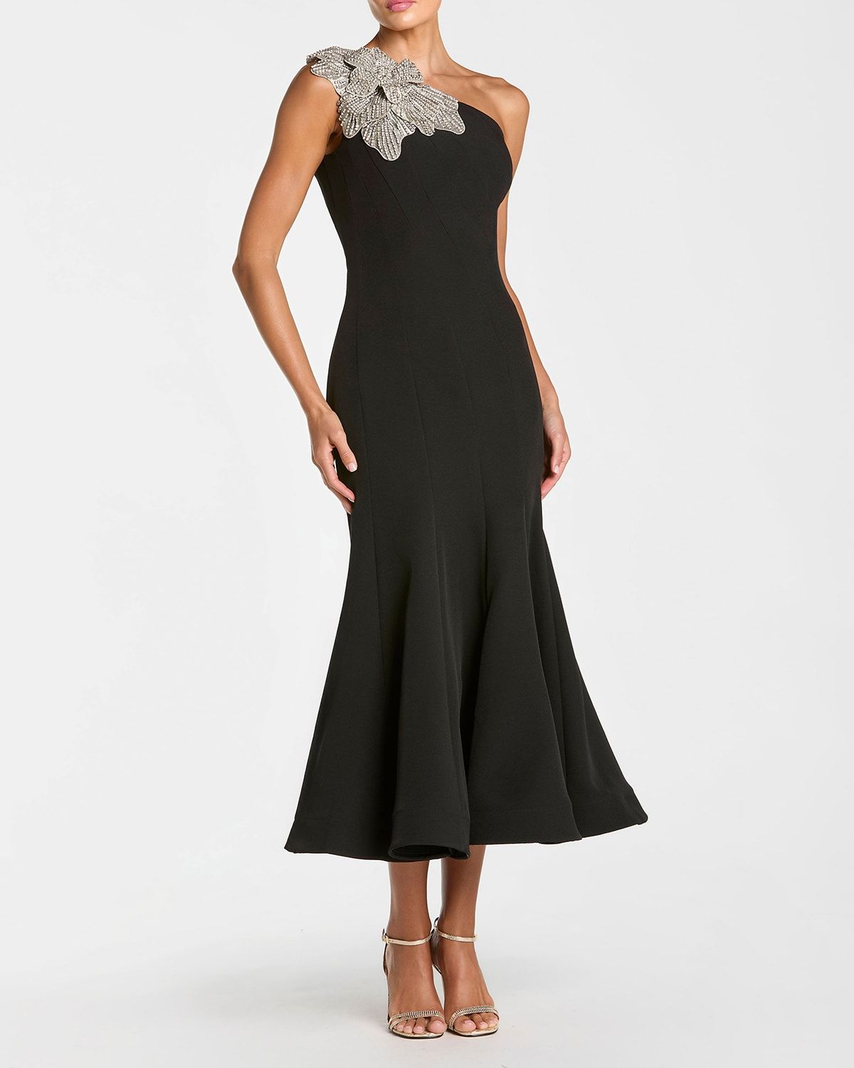 Floral Applique One-Shoulder Crepe Midi Dress