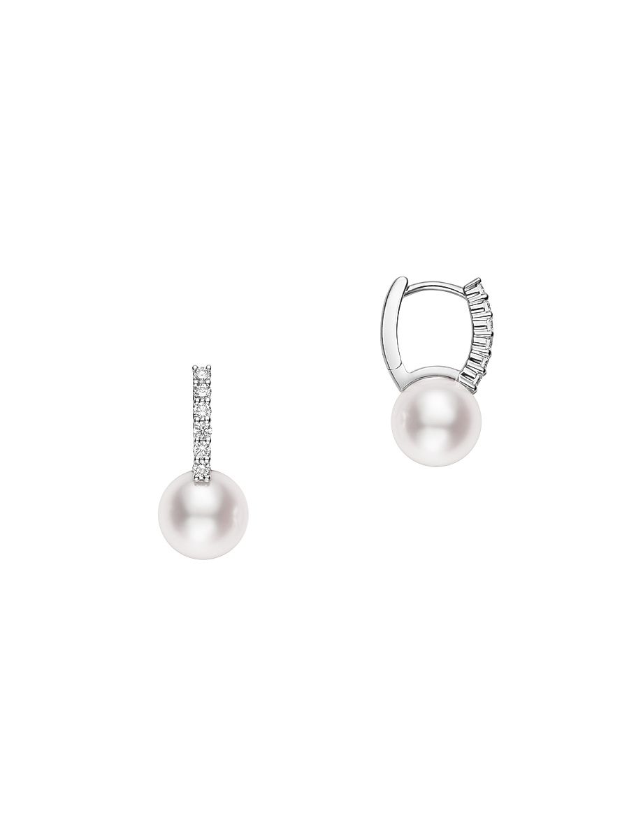 Women's Classic 8MM White Cultured Akoya Pearl, Diamond & 18K White Gold Drop Earrings - White Gold