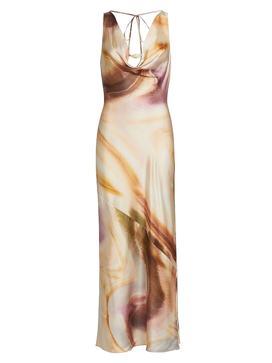 Women's Lacey Abstract Print Satin Maxi Dress - Copper Watercolour - Size 10