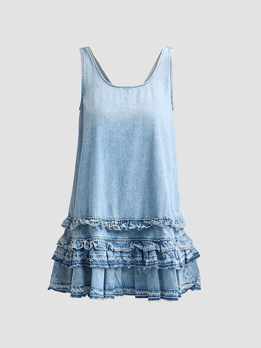 Women's Lightweight Denim Frill Mini Dress - Light Blue Vintage - Size 14