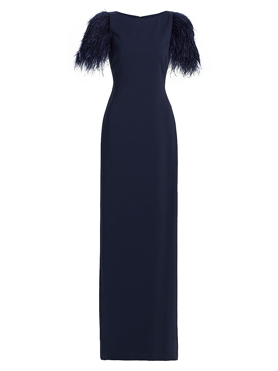 Women's Feather Cuff Odessa Crepe Column Gown - Navy - Size 16