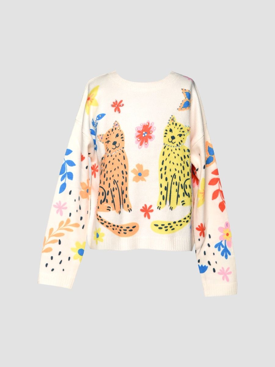 Girl's Little Girl's & Girl's Embellished Twin Cat Sweatshirt - Ivory - Size 14