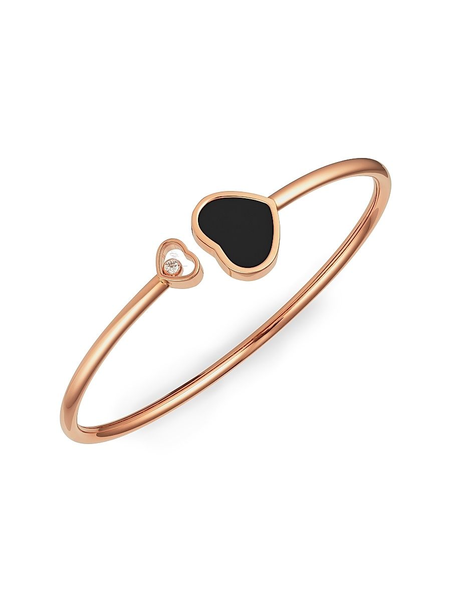 Women's Happy Hearts 18K Rose Gold, Diamond & Black Onyx Bangle - Size Medium
