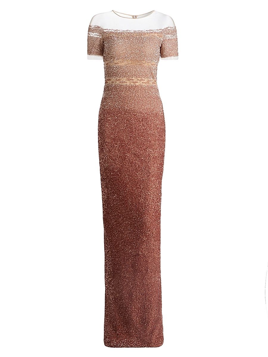 Women's Ombré Sequined Tulle Column Gown - Copper Multi - Size 12