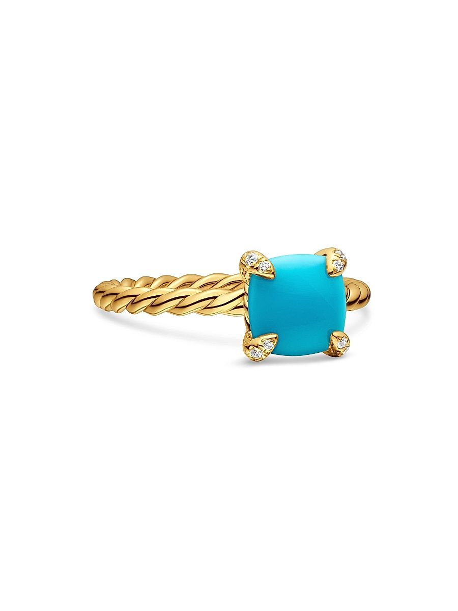 David Yurman Women's Chatelaine Ring in 18K Yellow Gold with Pavé Diamonds - Turquoise - Size 4