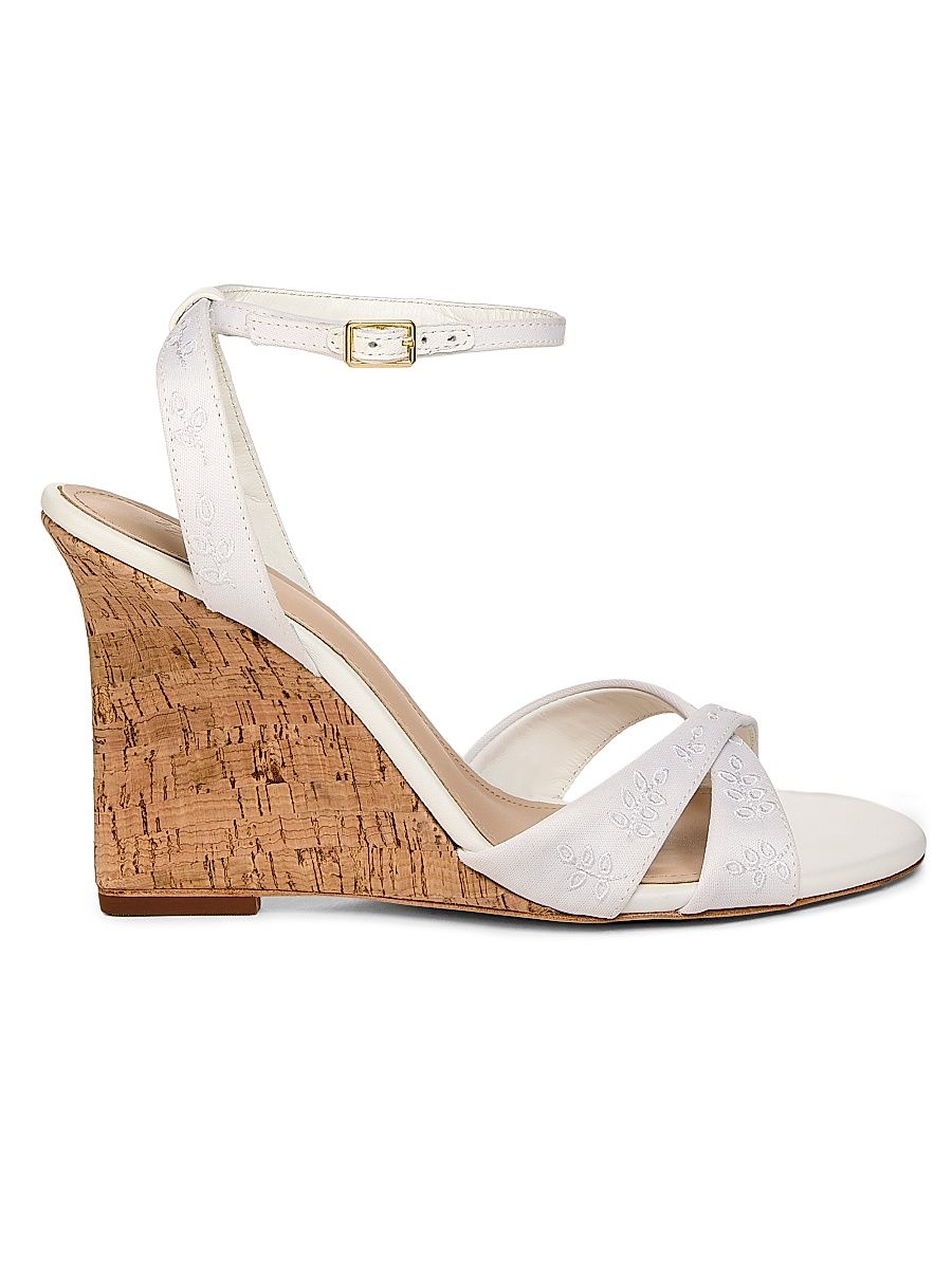Women's 100MM Cork Wedge Sandals - White Cotton Eyelet Fabric - Size 6