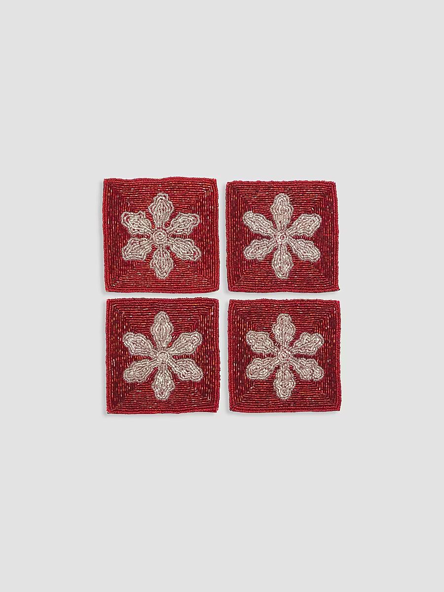 Holiday 2022 Set of 4 Beaded Snowflake Coasters - Red