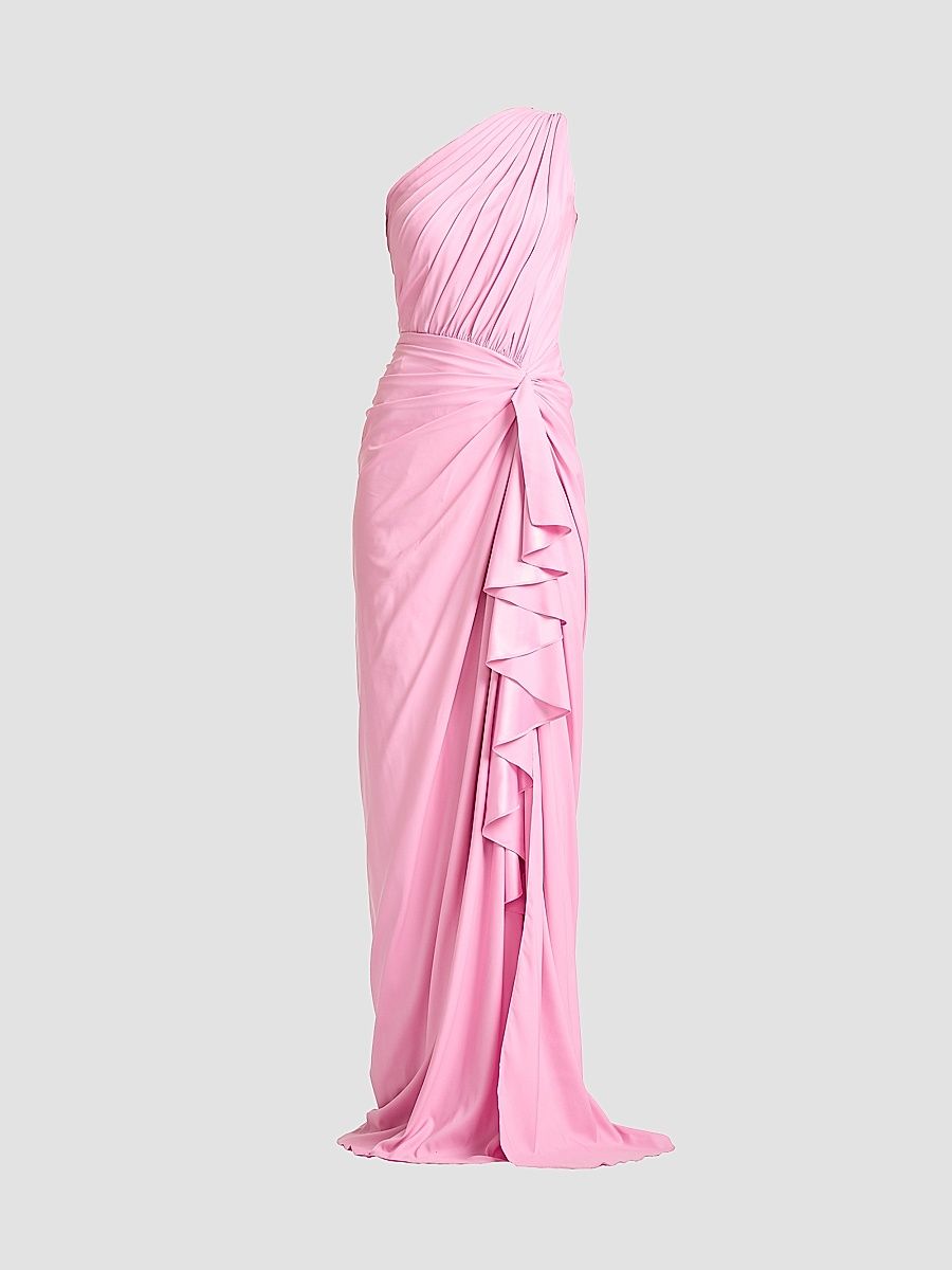 Women's Ruffled Jersey One-Shoulder Gown - Candy Pink - Size 16