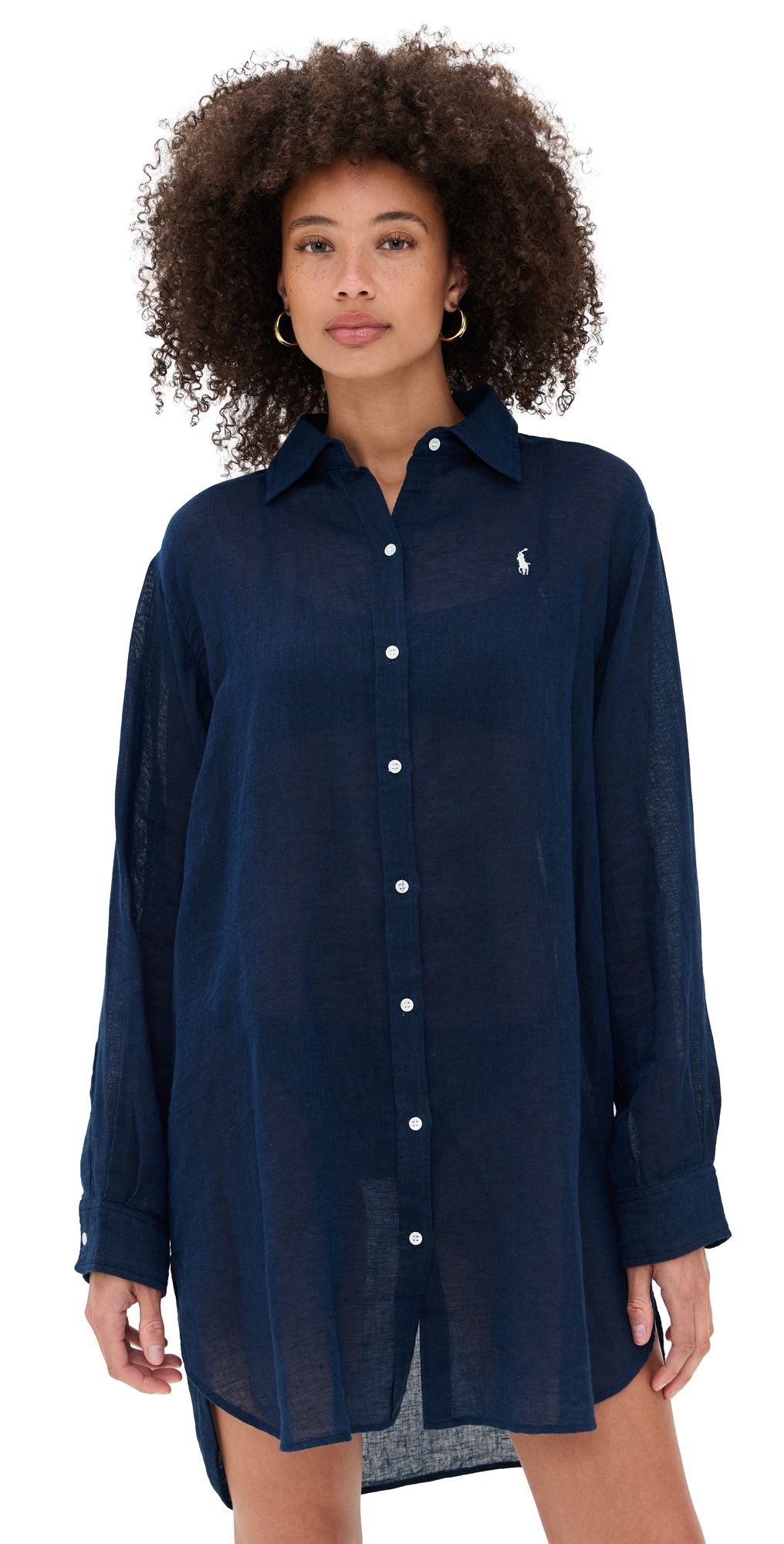 Polo Ralph Lauren Cotton Linen Boyfriend Shirt Navy Blue L