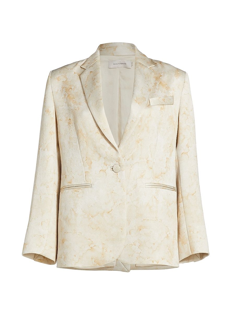 Women's Rebeca Hammered Satin Blazer - Cream Abstract Print - Size Large