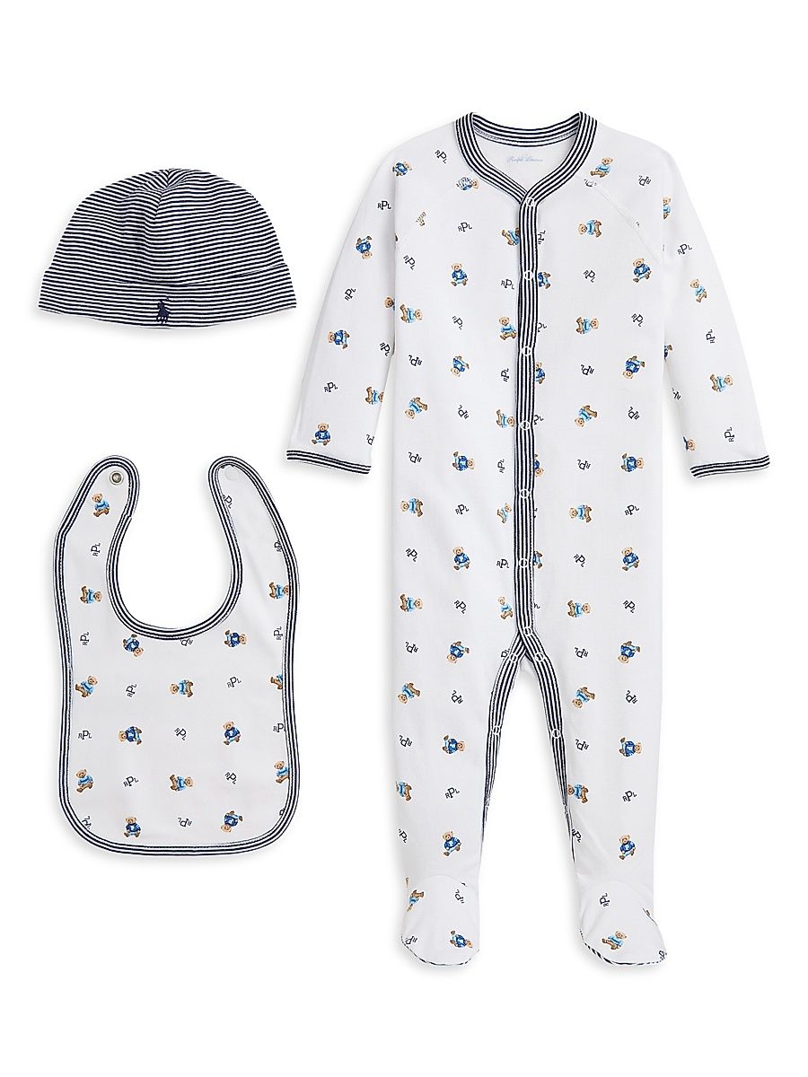 Baby Boy's Cotton Interlock 3-Piece Gift Set - White Blue Multi - Size 3 Months