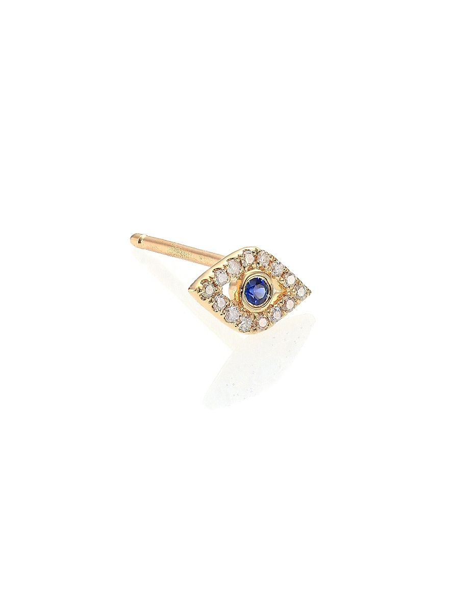 Women's Diamond, Sapphire & 14K Yellow Gold Evil Eye Single Stud Earring - Gold Blue