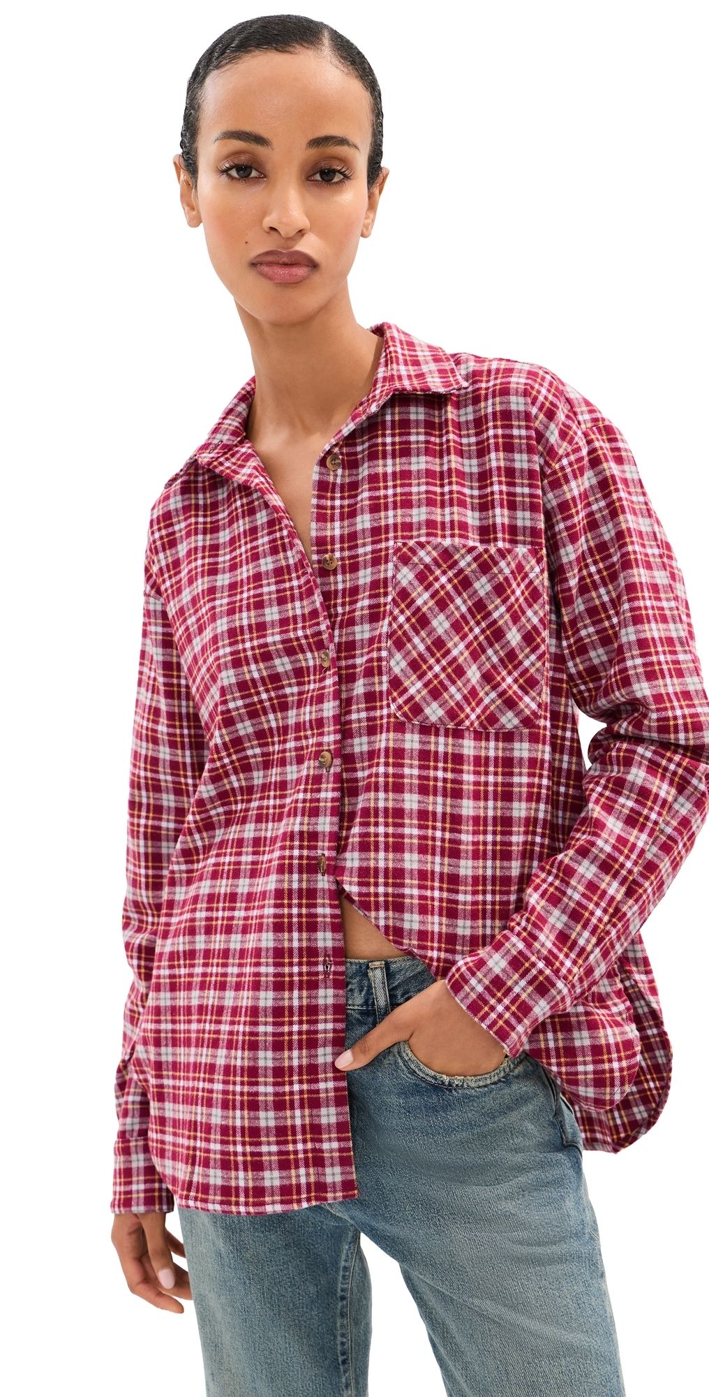 LE BOP Winnie Button Down Flannel Burgundy Plaid XL