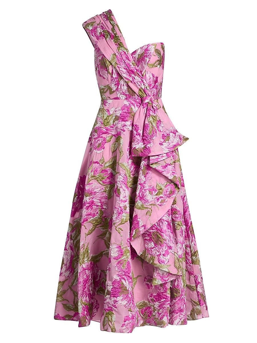 Women's Zanthe Brocade Ruffle Tea-Length Dress - Opera Mauve Meadow Green - Size 4