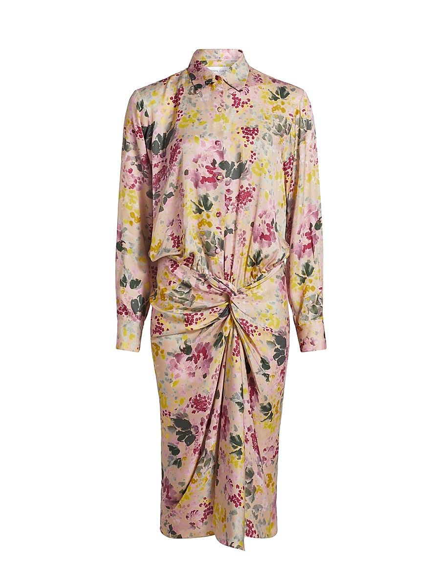 Women's Floral Satin Draped Shirtdress - Ecru Multi - Size 2