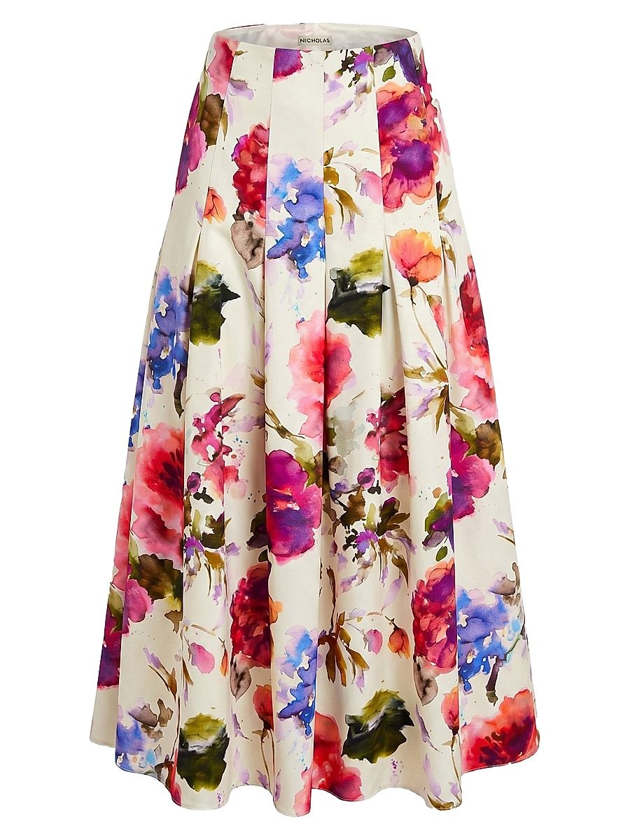 Women's Jordana Floral Pleated Waist Midi-Skirt - Watercolor Flora - Size 12