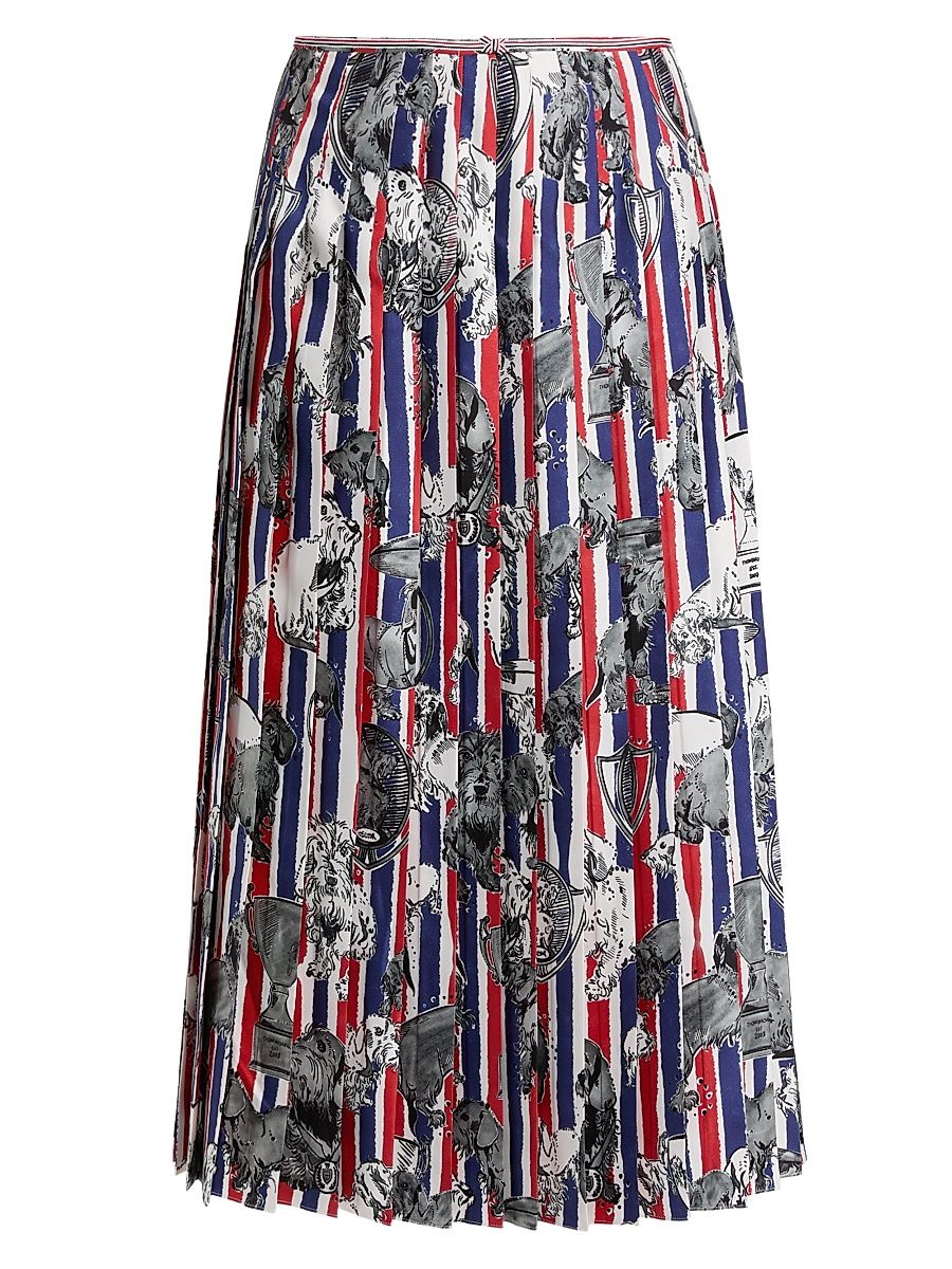 Women's Pleated Printed Silk Twill Midi-Skirt - Red White Blue - Size 10