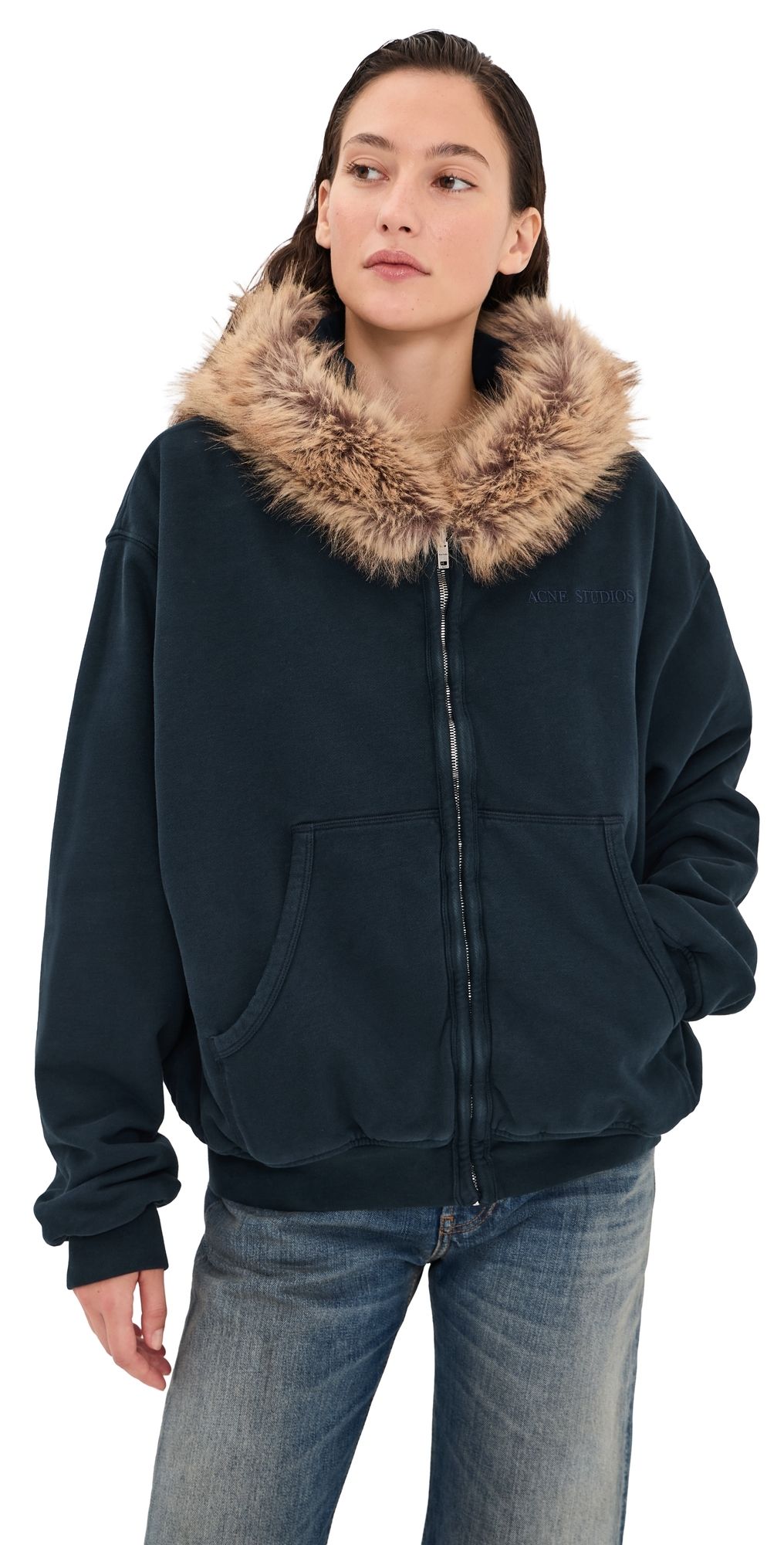 Acne Studios Faux Fur Hooded Jacket Dark Navy M