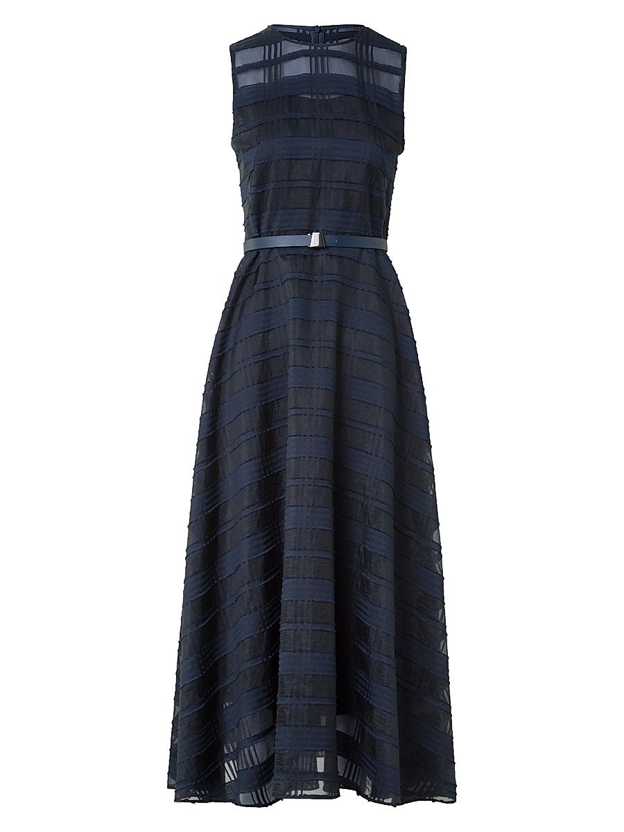 Women's Organza Plaid Belted Midi-Dress - Navy Blue - Size 10