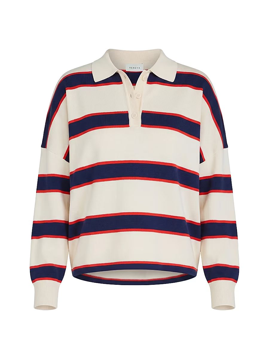 Women's Taby Striped Ribbed Polo Sweater - Eggshell Stripe - Size XL