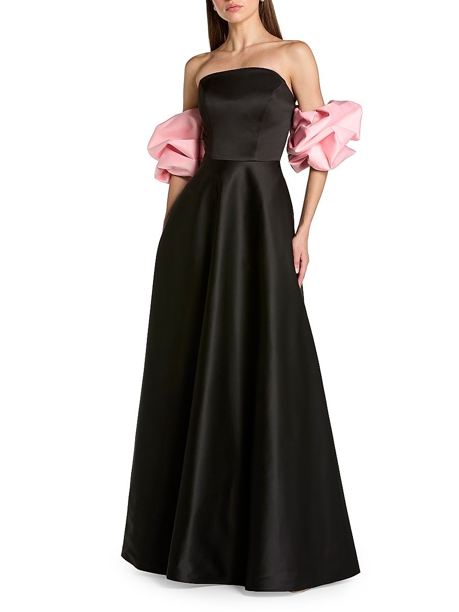 Women's Satin Puff-Sleeve Off-The-Shoulder Gown - Black Pink - Size 4