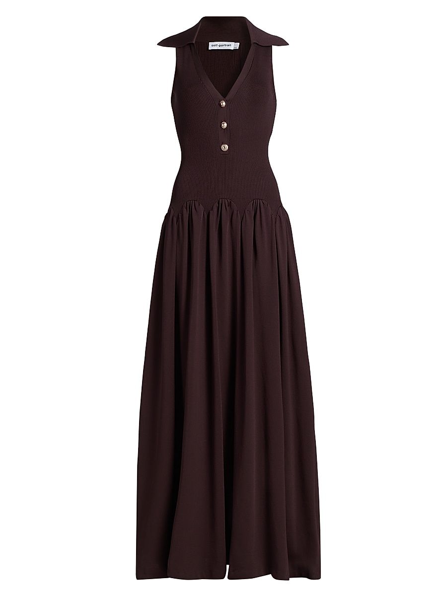 Women's Rib-Knit V-Neck Maxi Dress - Brown - Size Large
