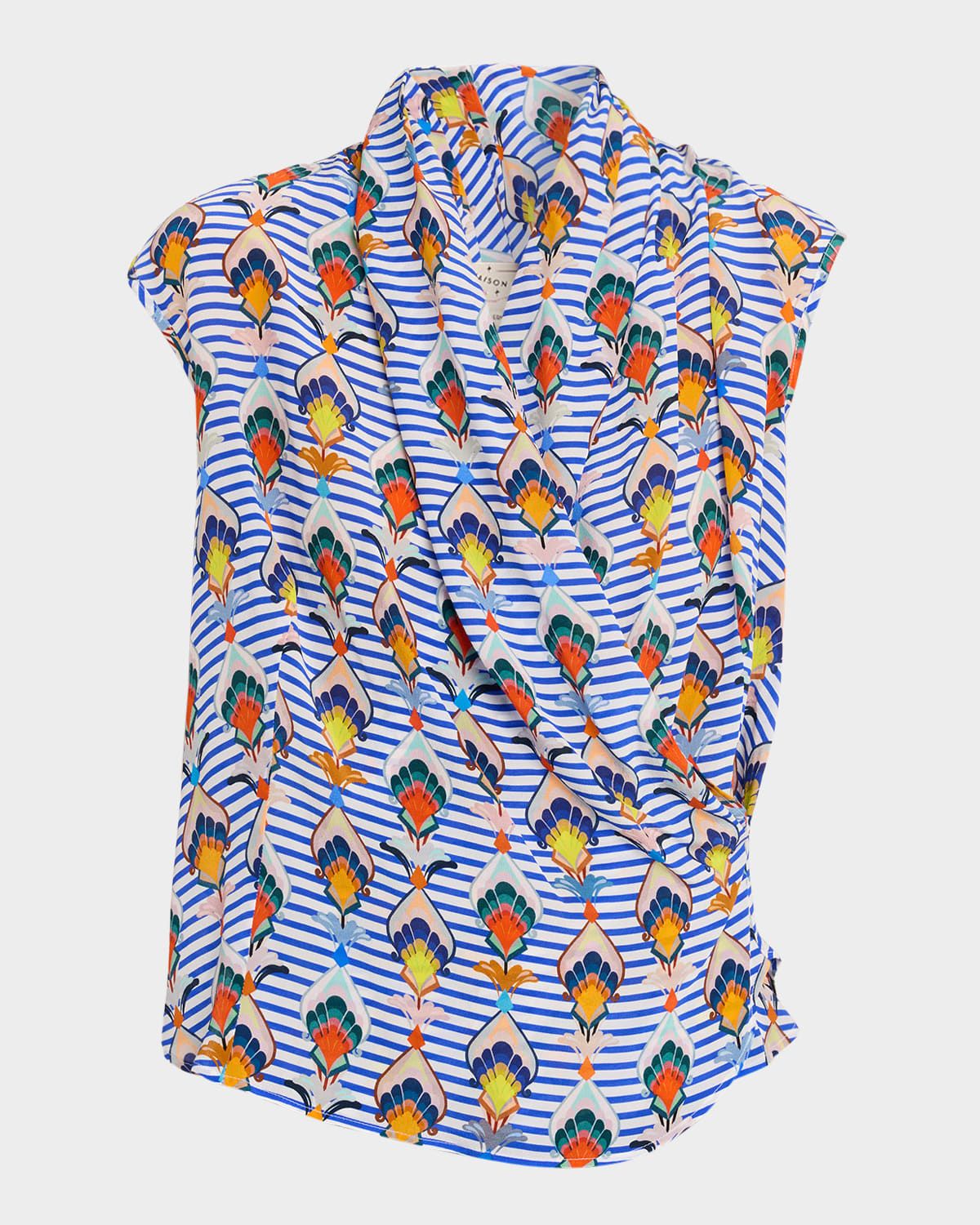 Striped Geometric-Print Silk Blouse