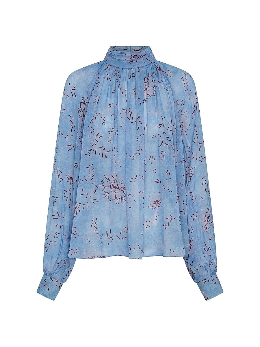 Women's Solene Mock Turtleneck Long-Sleeve Blouse - Wisteria Floral Blue Smoke - Size 4