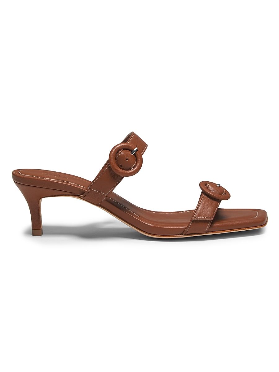 Women's Double Buckle Leather 53MM Kitten Heel Sandals - Cognac - Size 11.5