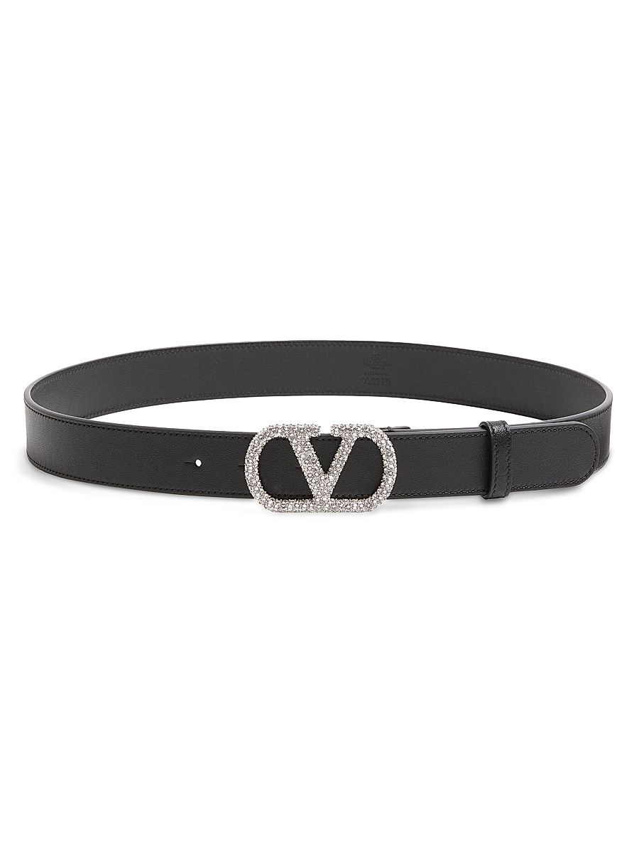 Women's Vlogo Signature Belt in Shiny Calfskin with Crystals - Black - Size Large