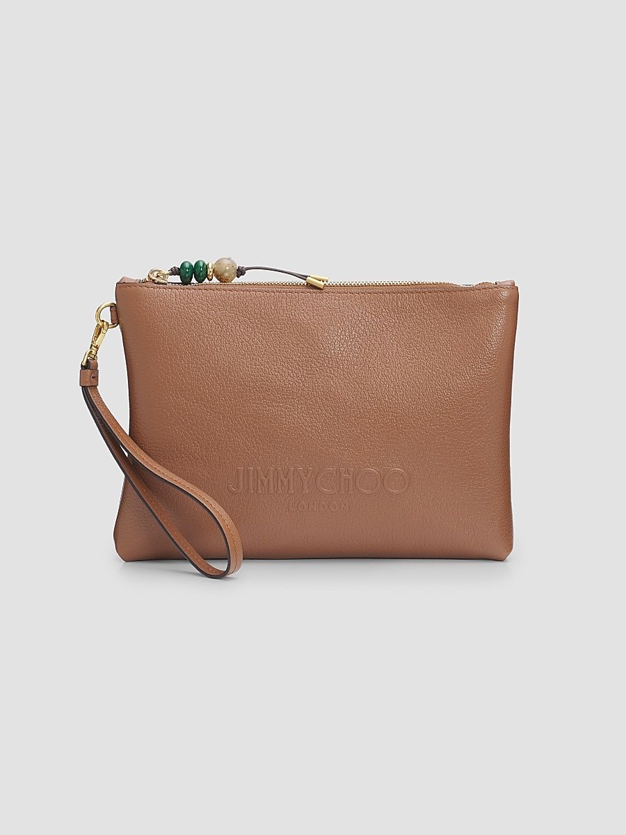 Women's Pebbled Leather Zip Flat Pouch - Tan Light Gold