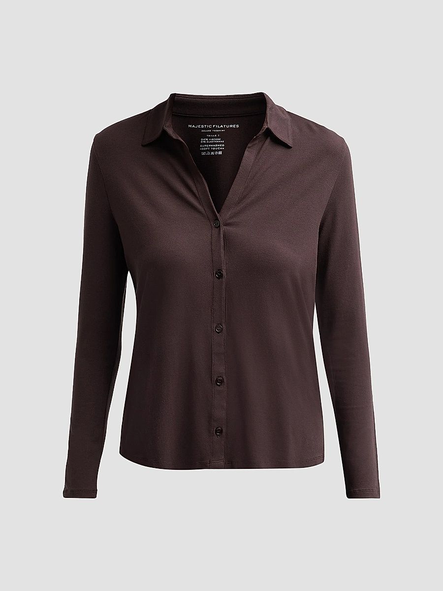 Majestic Filatures Women's Soft Touch Relaxed Button-Front Shirt - Chocolate Mousse - Size XL