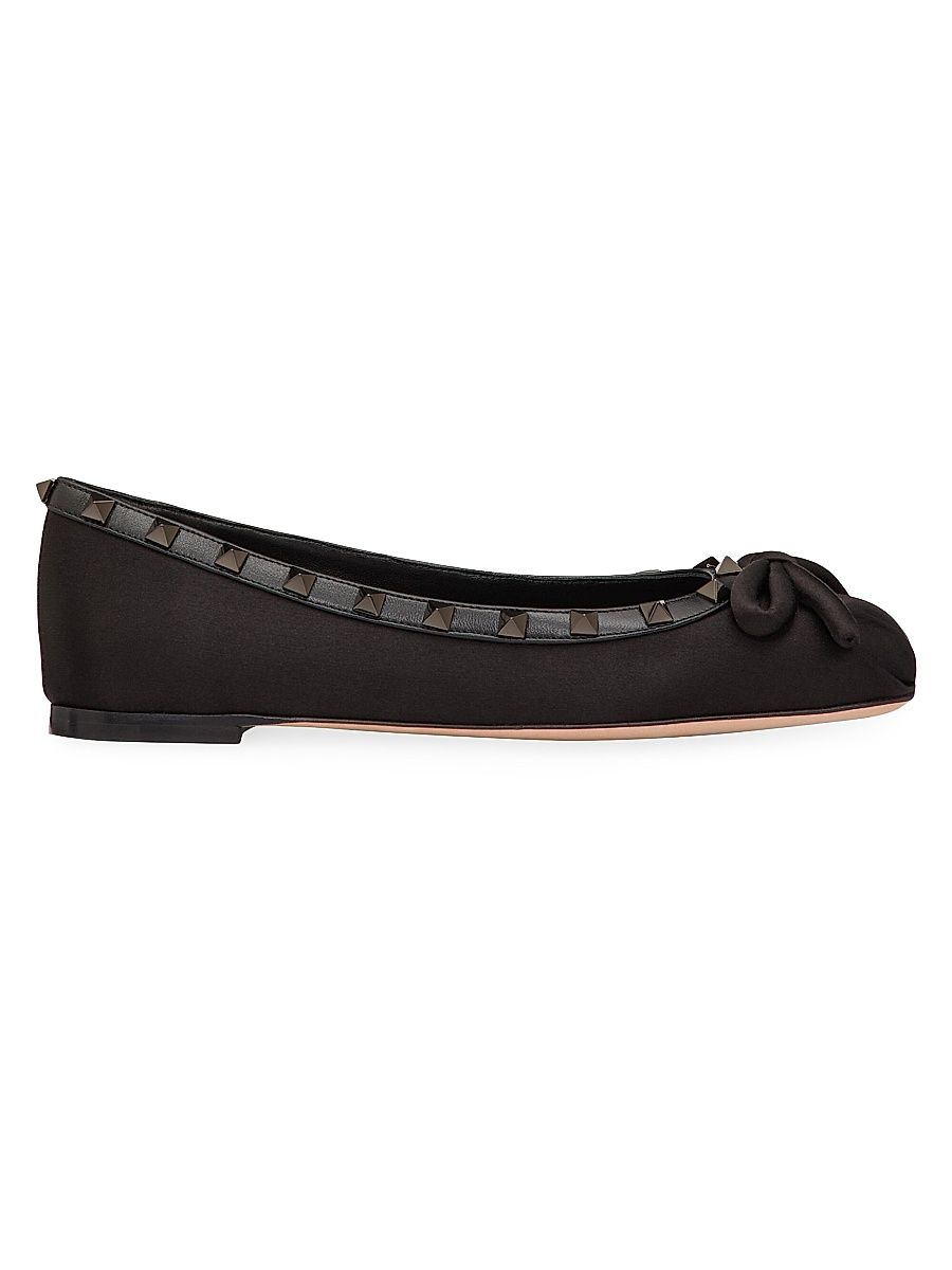 Women's Rockstud Satin Ballerinas With Tone-On-Tone Studs - Black - Size 10