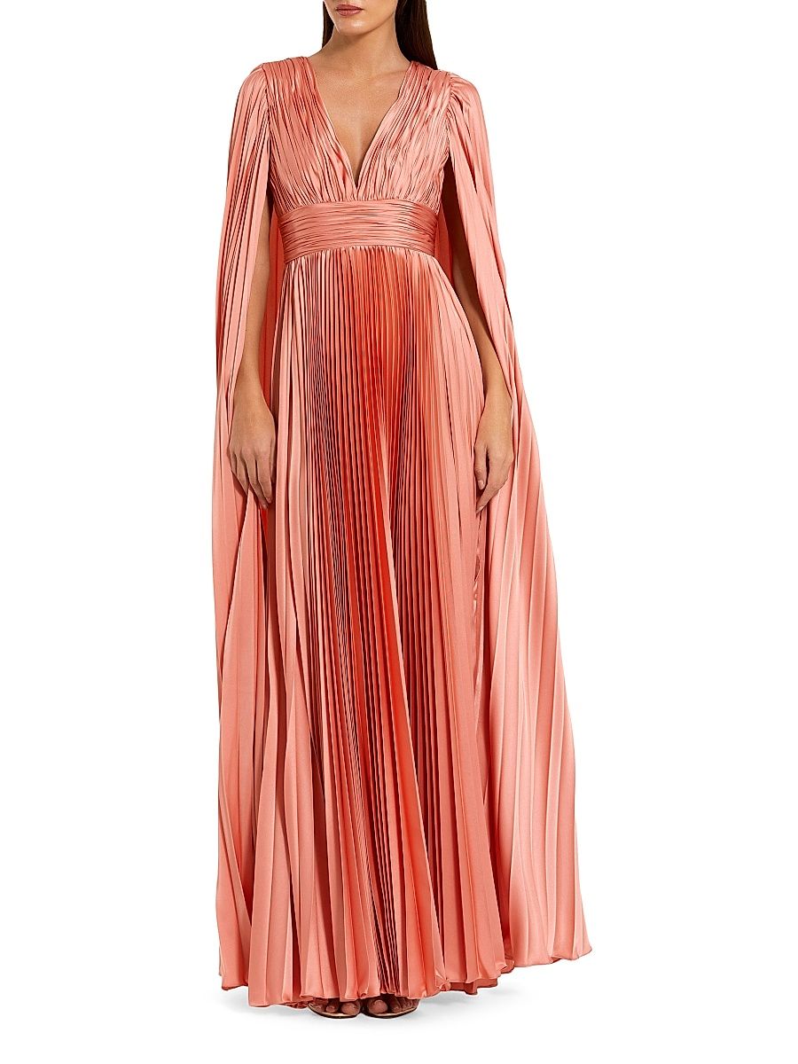 Women's Metallic Pleated Charmeuse Cape Gown - Peach - Size 18