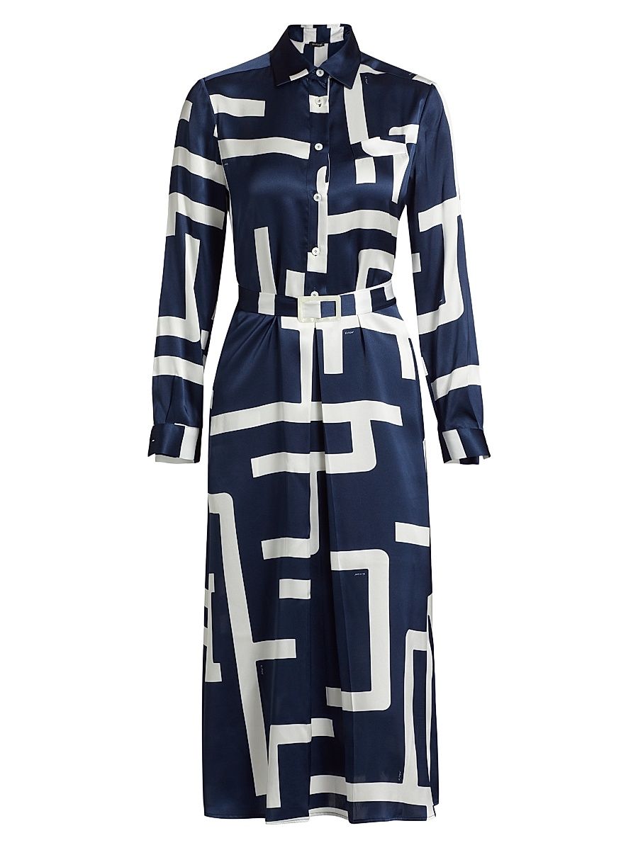 Women's Printed Silk Belted Shirtdress - White Blue - Size 6