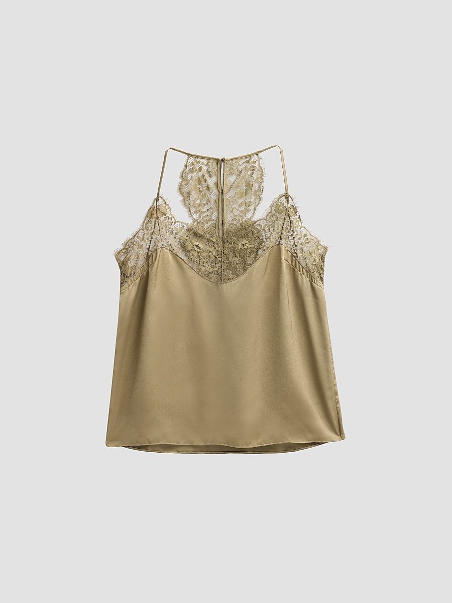 Women's Corina Satin Lace-Back Tank - Kaki - Size Large