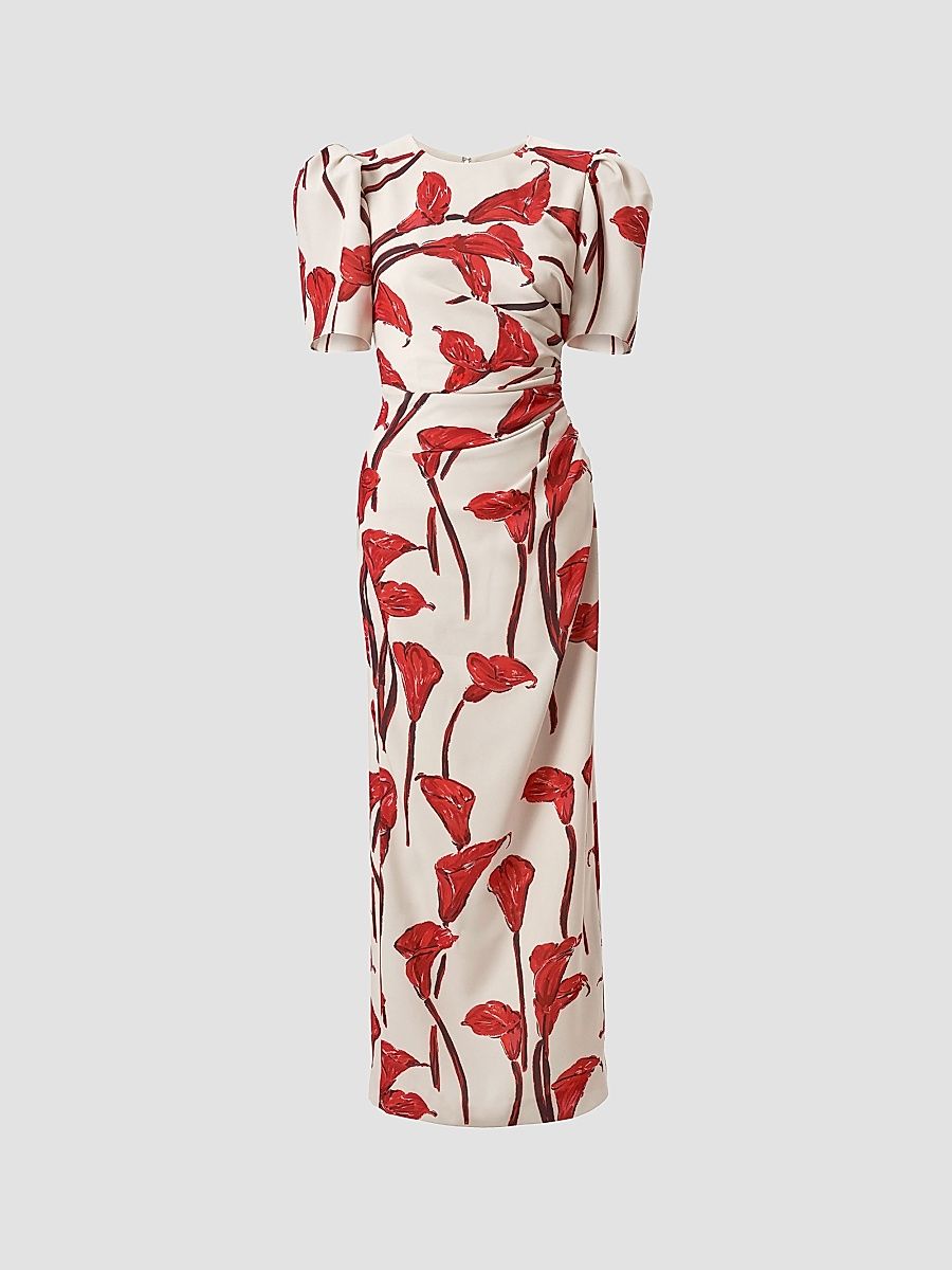 Women's Floral Gathered Puff-Sleeve Cocktail Dress - Ceramic Multi - Size 12