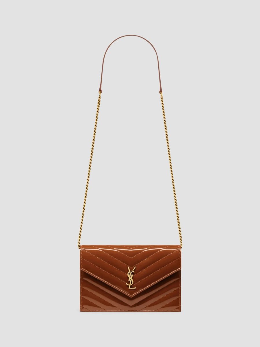 Saint Laurent Women's Cassandre Envelope Chain Wallet in Patent Leather - Glazed Brown