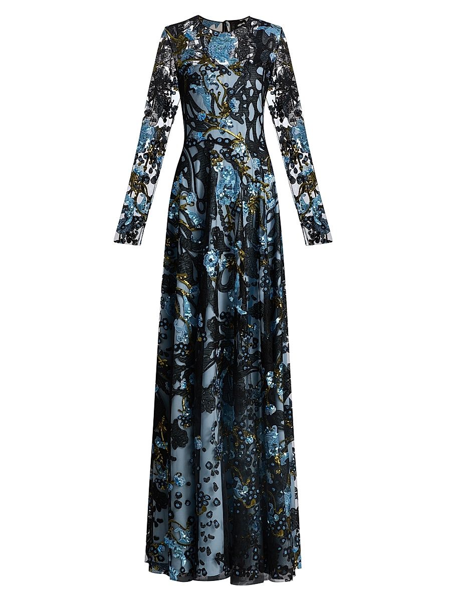 Women's Sequined Floral Lace Long-Sleeve Gown - Blue Black - Size 2