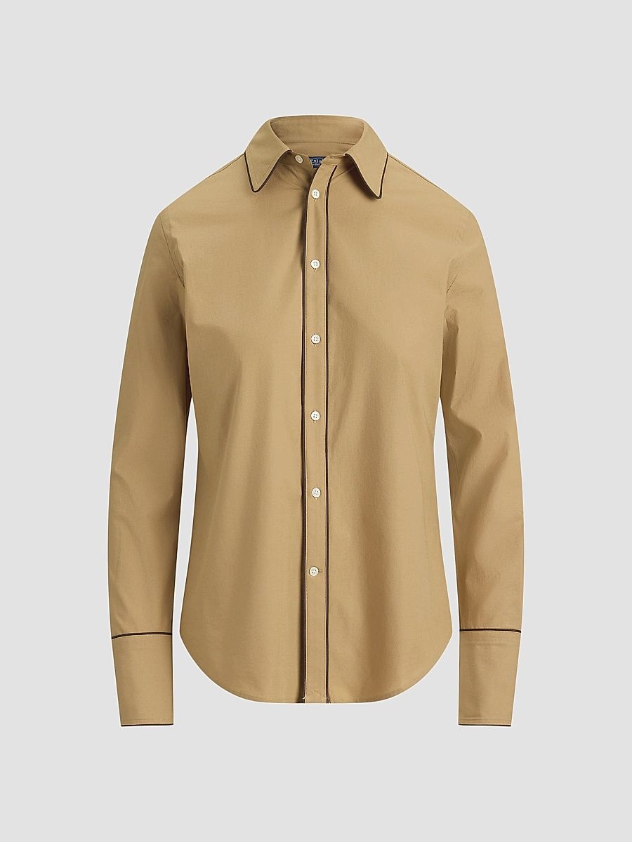 Women's Slim-Fit Stretch Cotton Button-Front Shirt - Cafe Tan - Size 8