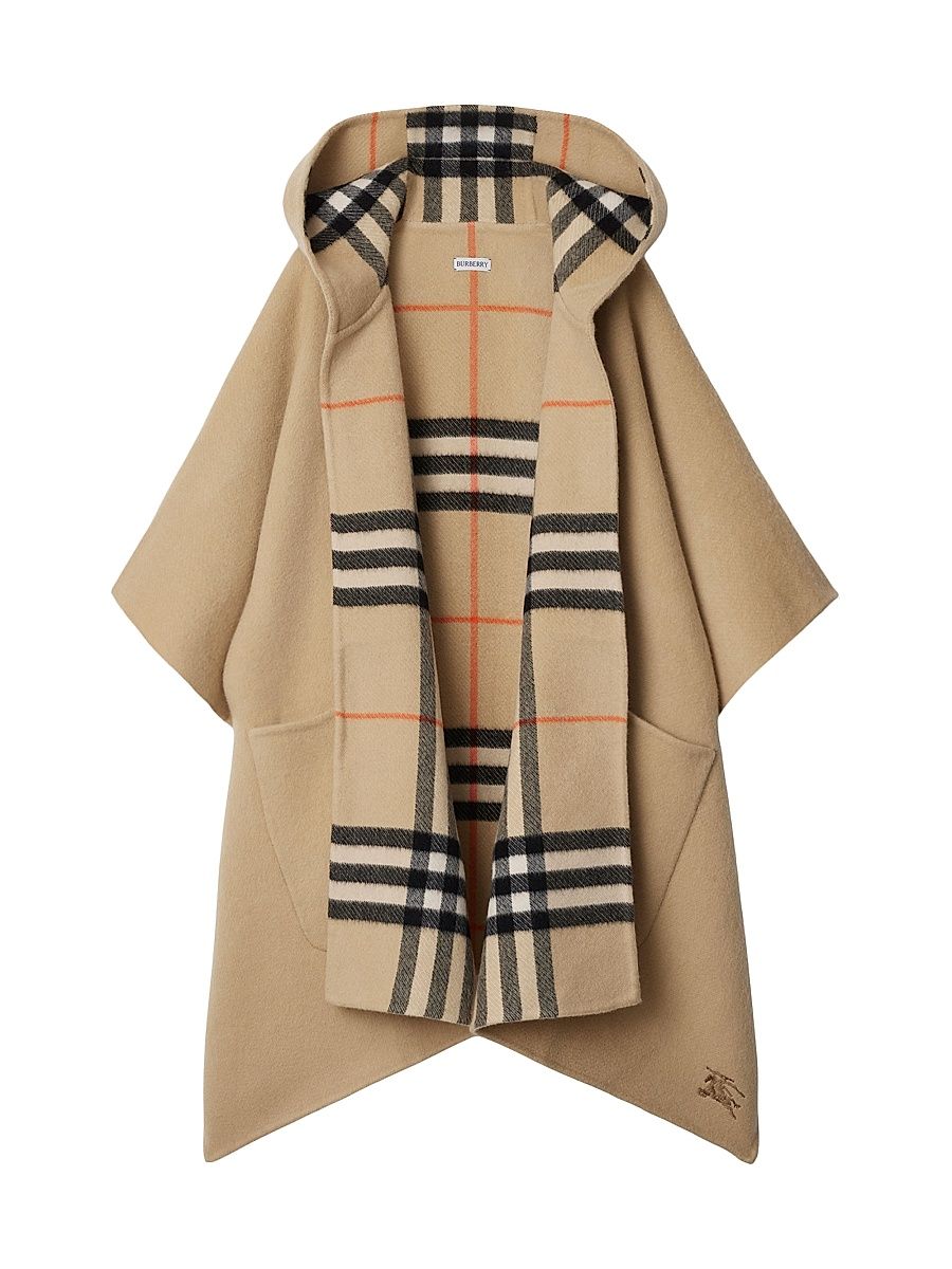 Women's Check Cashmere Hooded Cape - Sand